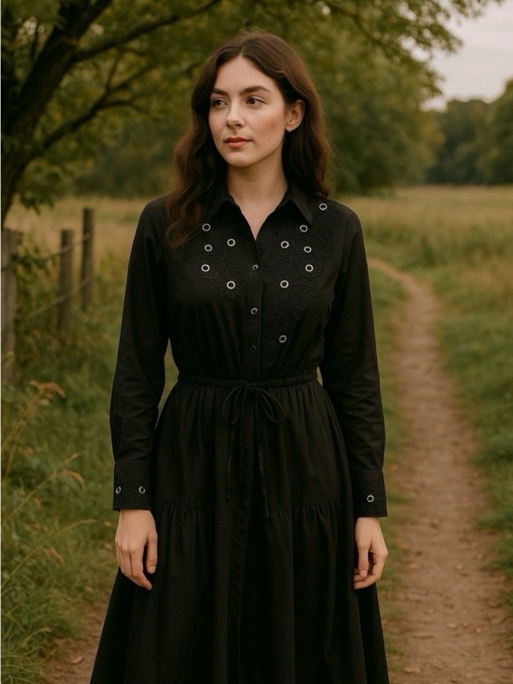 Black Eyelet Button-Front Long Sleeve Dress